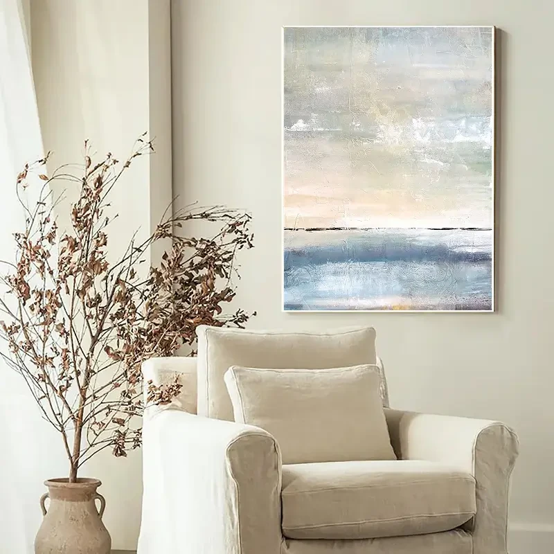 Colorful Ocean Sunset Abstract Painting On Canvas, Blue Marine Landscape Wall Art