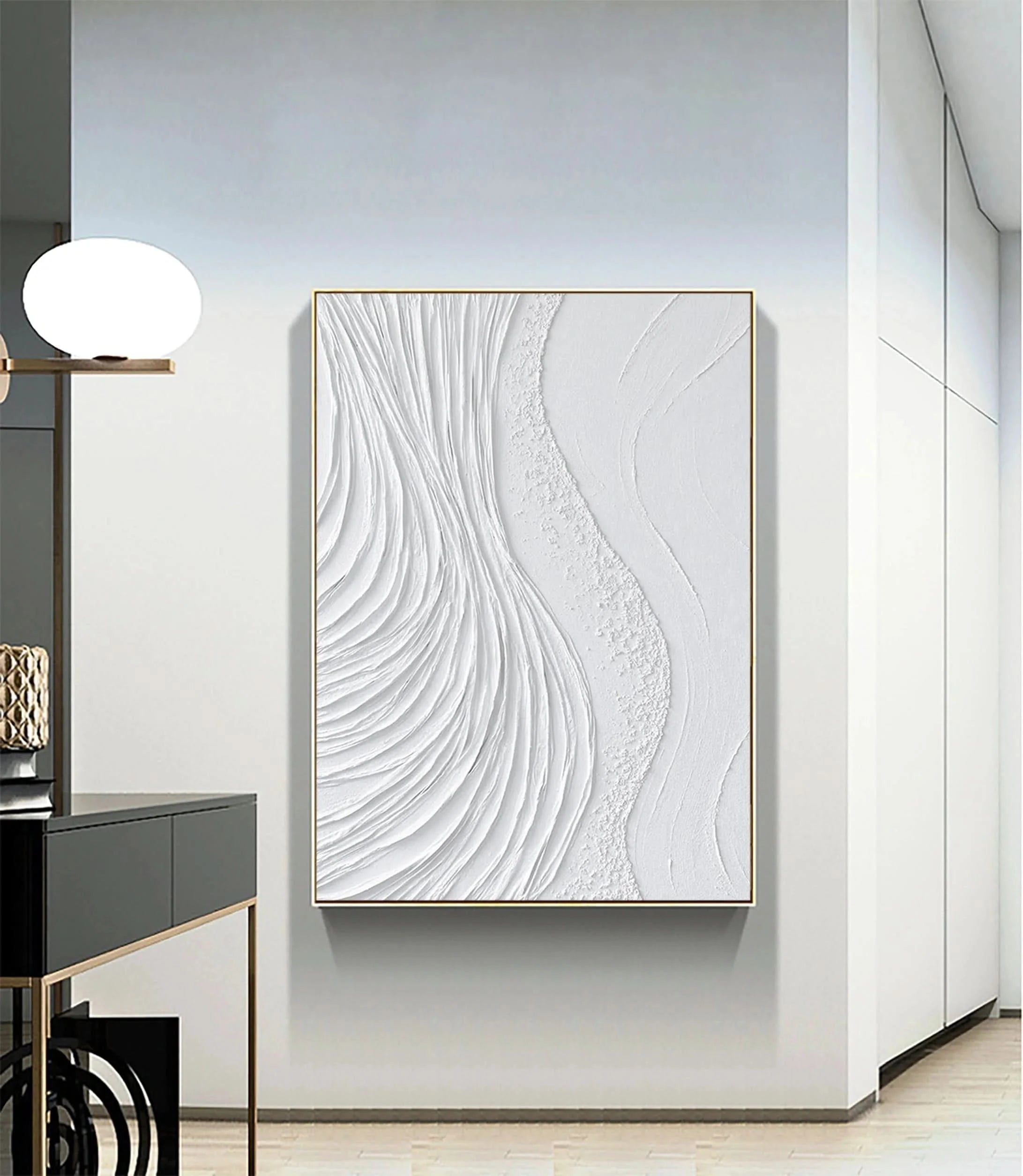 White Surf Minimalist Wall Art, Large Abstract Plaster Painting On Canvas