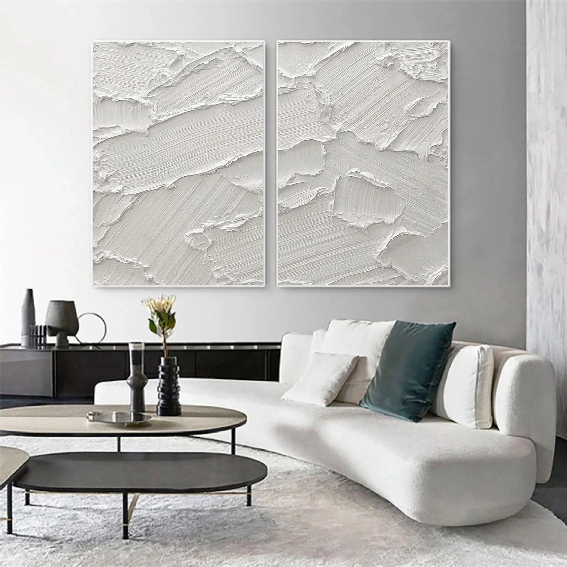 Set of 2 White Plaster Art Original Textured Painting for Room Decor