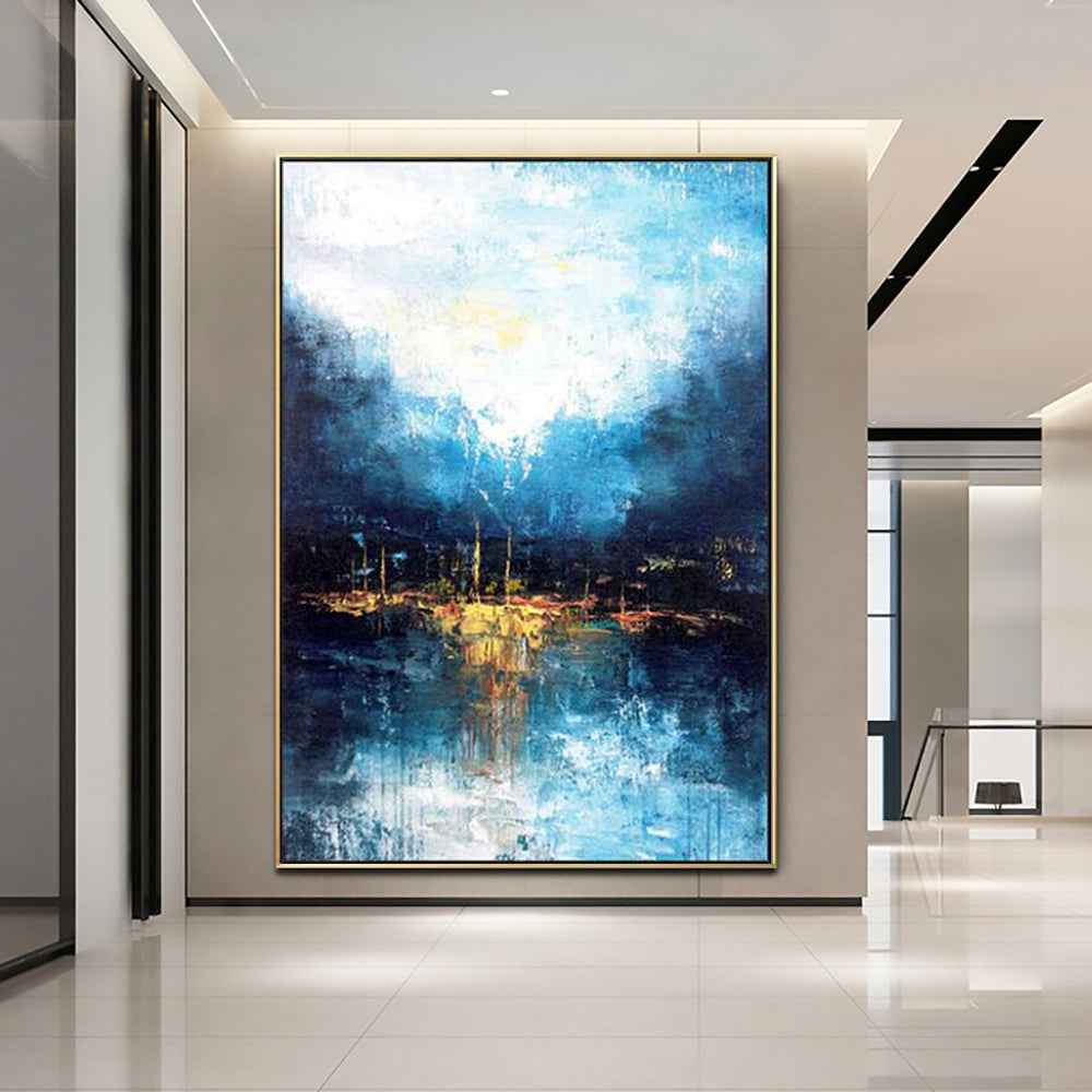 Walking by the Moonlight-Abstract Blue Water Reflection Wall Art - Framed Textured Home Decor