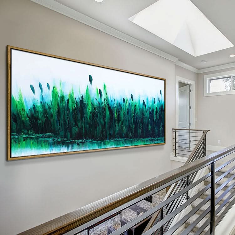 Modern Wall Decor Oil Painting Handmade Oil Painting Original Art Living Room Deep Blue Abstract Art Green Painting | Reed marshes