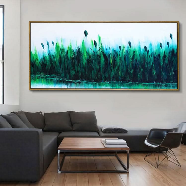 Modern Wall Decor Oil Painting Handmade Oil Painting Original Art Living Room Deep Blue Abstract Art Green Painting | Reed marshes