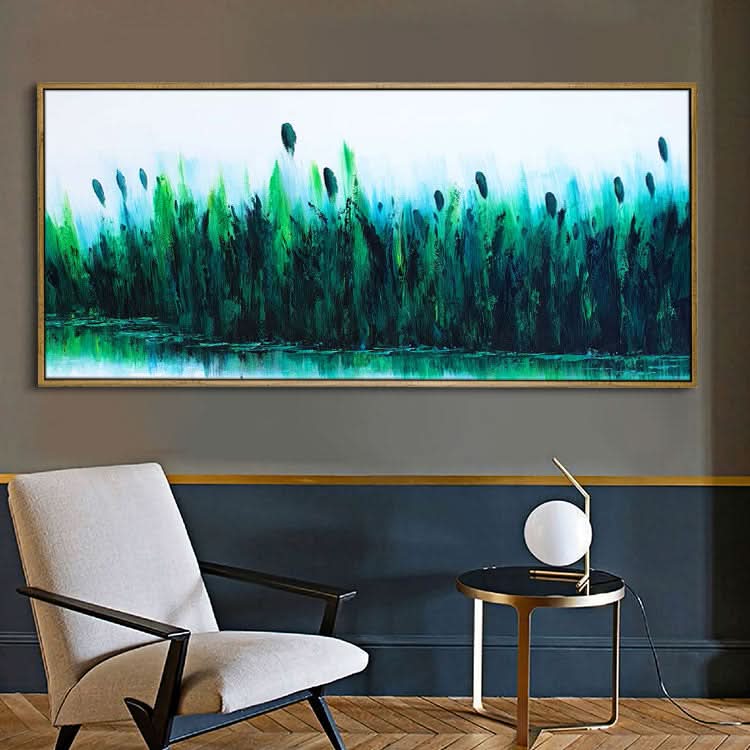 Modern Wall Decor Oil Painting Handmade Oil Painting Original Art Living Room Deep Blue Abstract Art Green Painting | Reed marshes