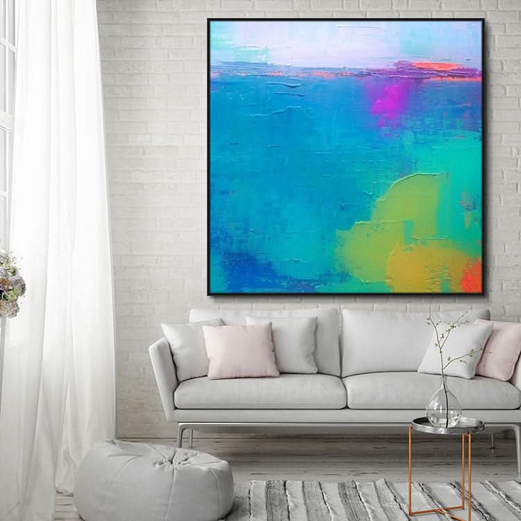 Peinture Bleu Vert Oeuvre Grande Toile Art Fait Main Peinture Peinture Moderne | Peinture abstraite originale mer bleue
