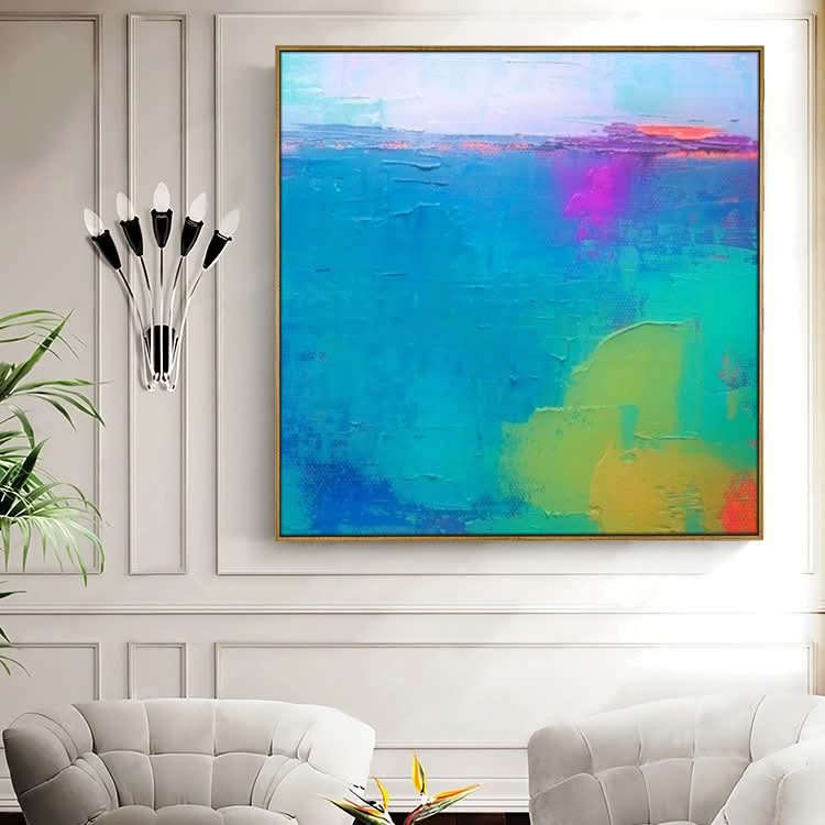 Peinture Bleu Vert Oeuvre Grande Toile Art Fait Main Peinture Peinture Moderne | Peinture abstraite originale mer bleue