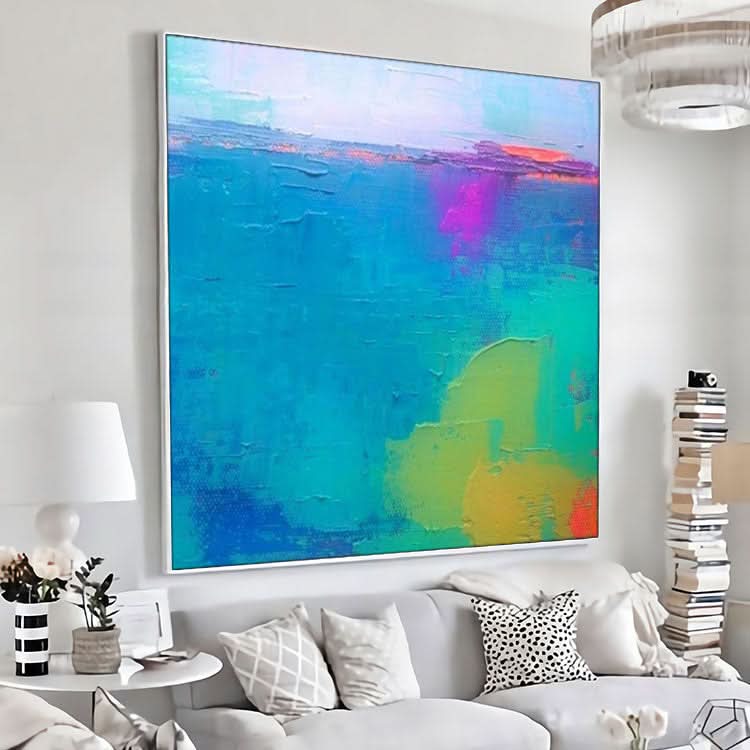 Peinture Bleu Vert Oeuvre Grande Toile Art Fait Main Peinture Peinture Moderne | Peinture abstraite originale mer bleue