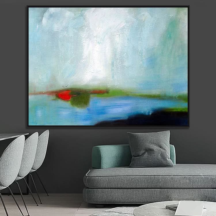 Abstract Canvas Wall Art,Original Blue and Green Abstract Painting | Spots of green on the lake