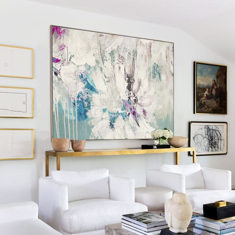 Tableau mural beige, toile bleue, peinture acrylique abstraite | Phenix