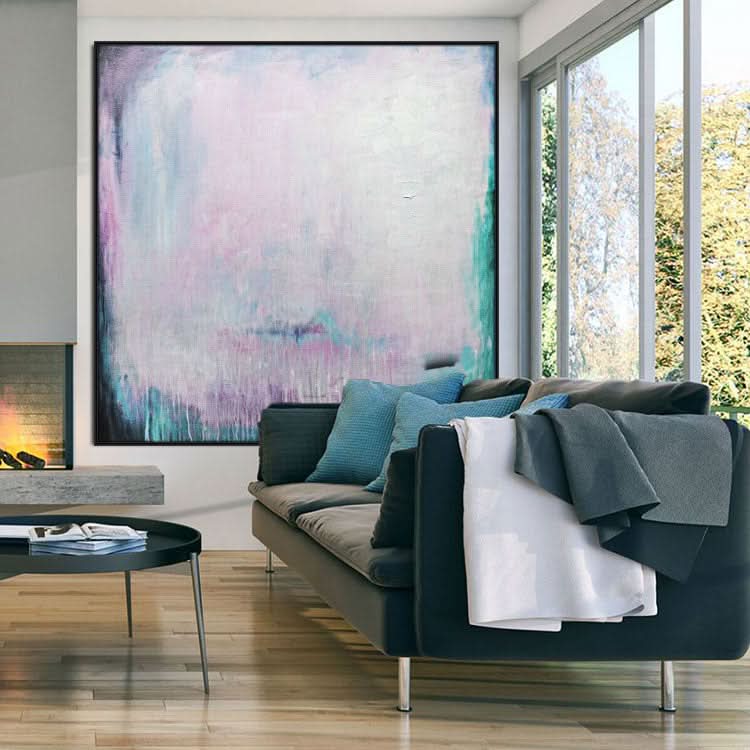 Peinture à l'huile abstraite peinte à la main Peintures modernes Grande chambre Peinture bleu clair et blanc | L'île derrière le rideau d'eau