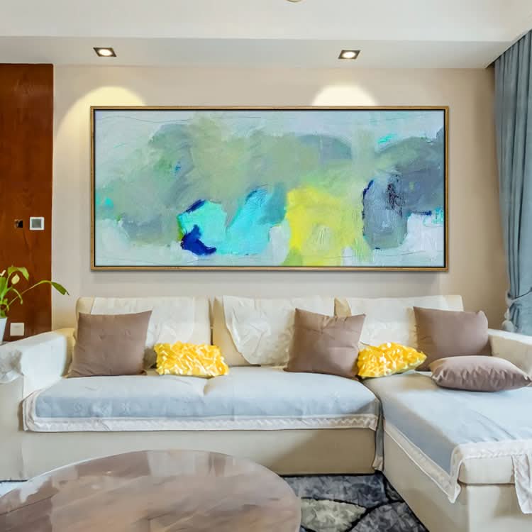 Peinture sur toile abstraite moderne, Peinture à l'huile abstraite sur toile, Peinture à l'huile sur toile de grande taille, Salon, Peinture bleu clair, vert et jaune