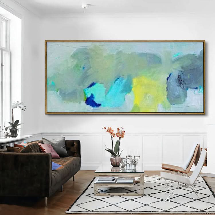 Peinture sur toile abstraite moderne, Peinture à l'huile abstraite sur toile, Peinture à l'huile sur toile de grande taille, Salon, Peinture bleu clair, vert et jaune