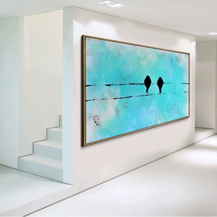 Loving Together - Hand Painted Bird Oil Painting Teal Modern Animal Wall Art