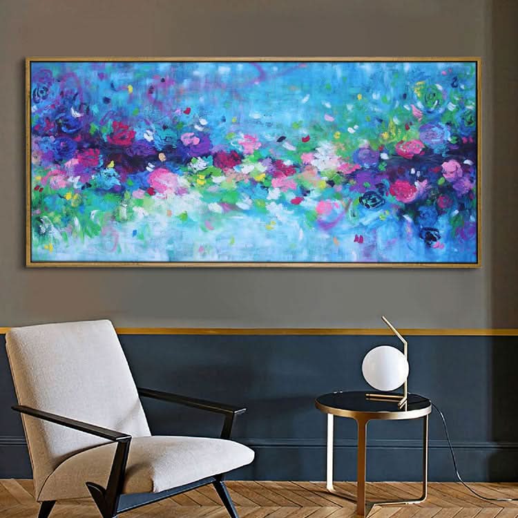 Extra Large Abstract Oil Painting Living Room Blue Painting Green Painting White Art Canvas | Fallen flowers