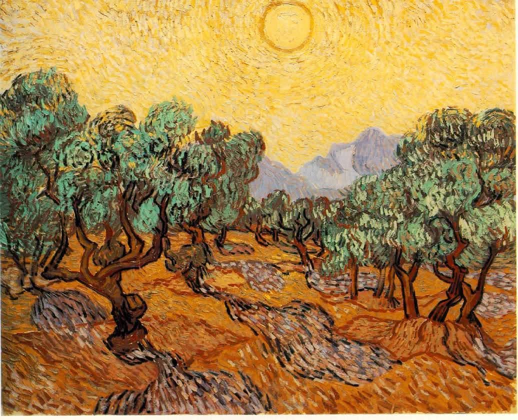 Olive Trees with Yellow Sky and Sun 37x30