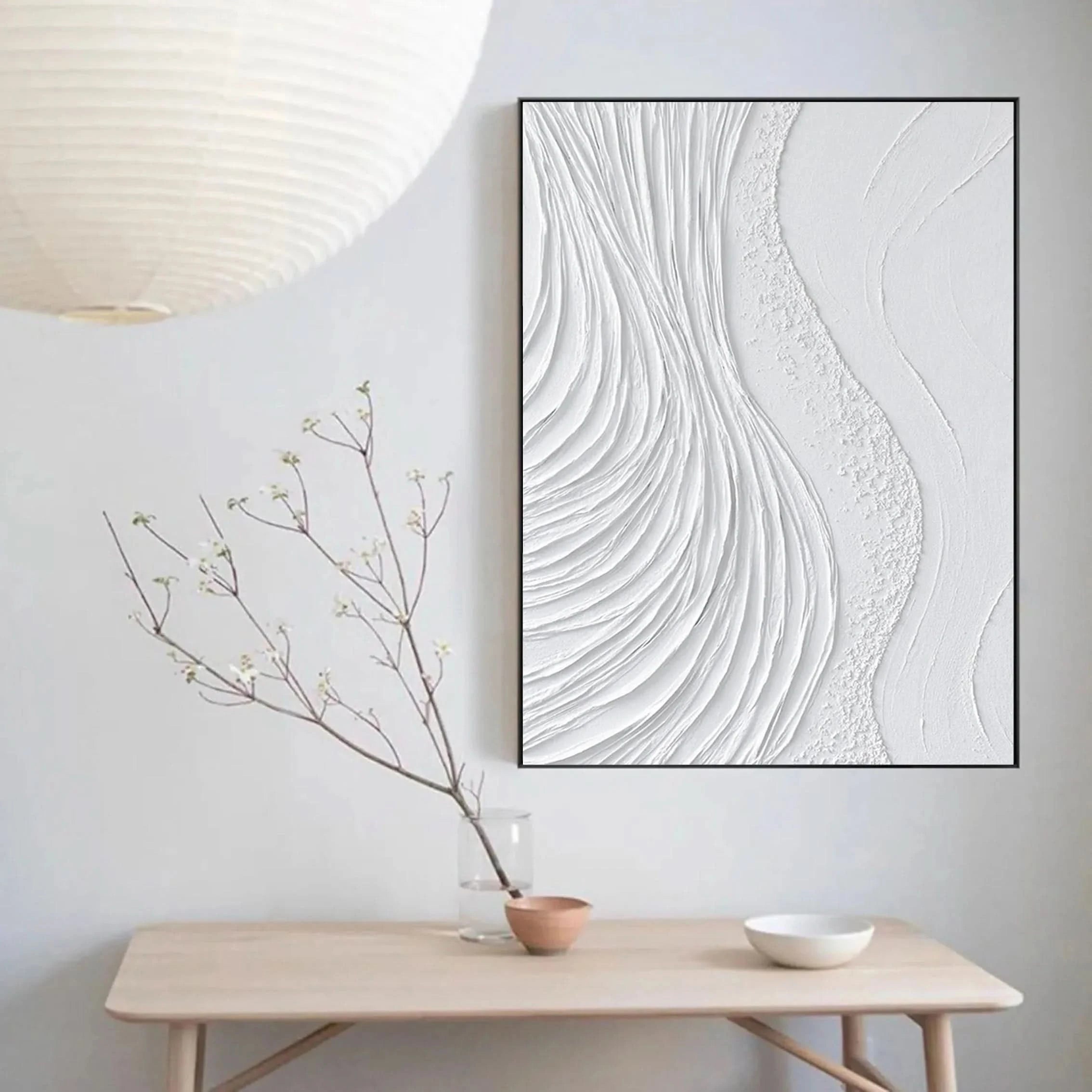 White Surf Minimalist Wall Art, Large Abstract Plaster Painting On Canvas