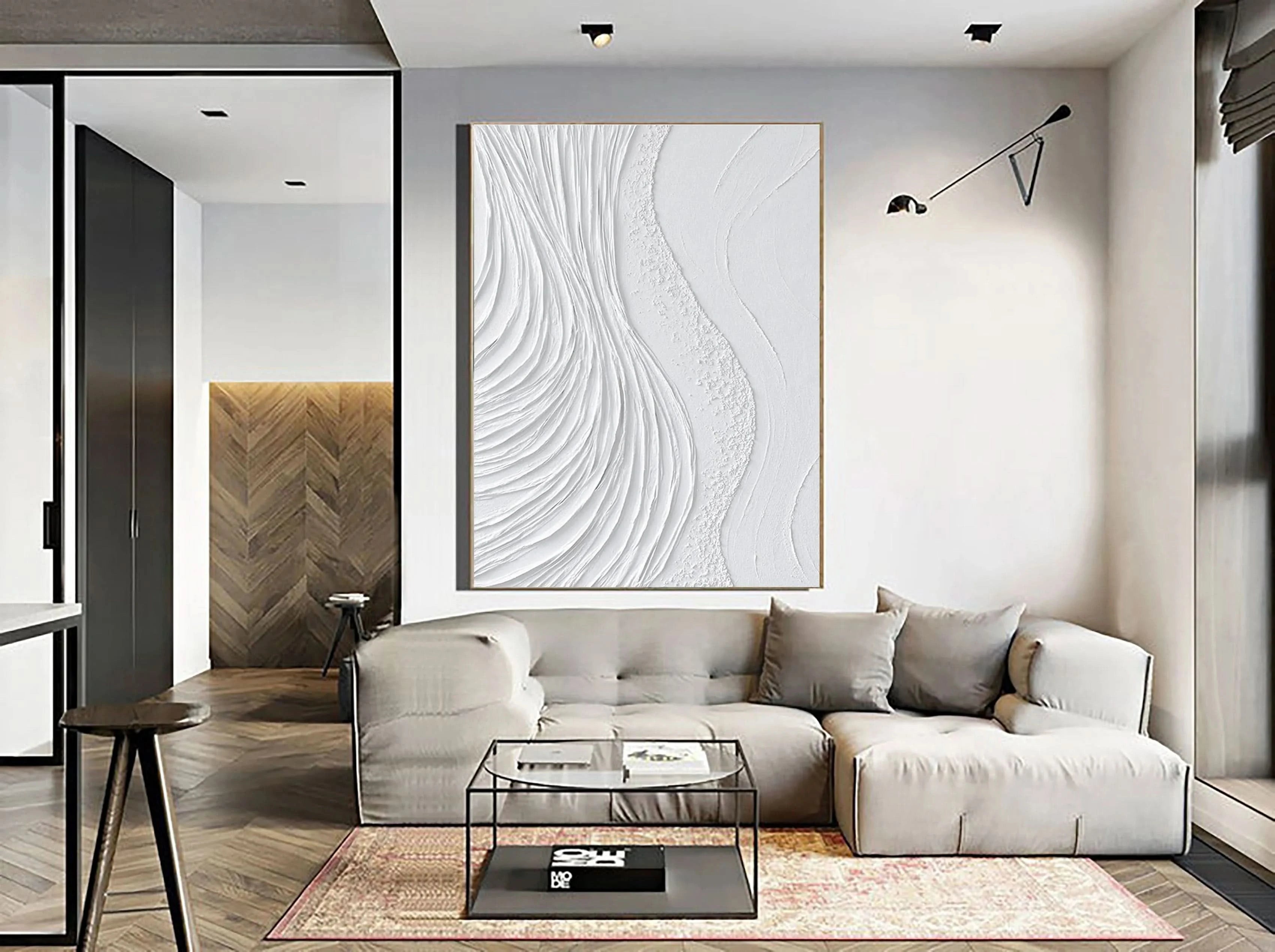 White Surf Minimalist Wall Art, Large Abstract Plaster Painting On Canvas