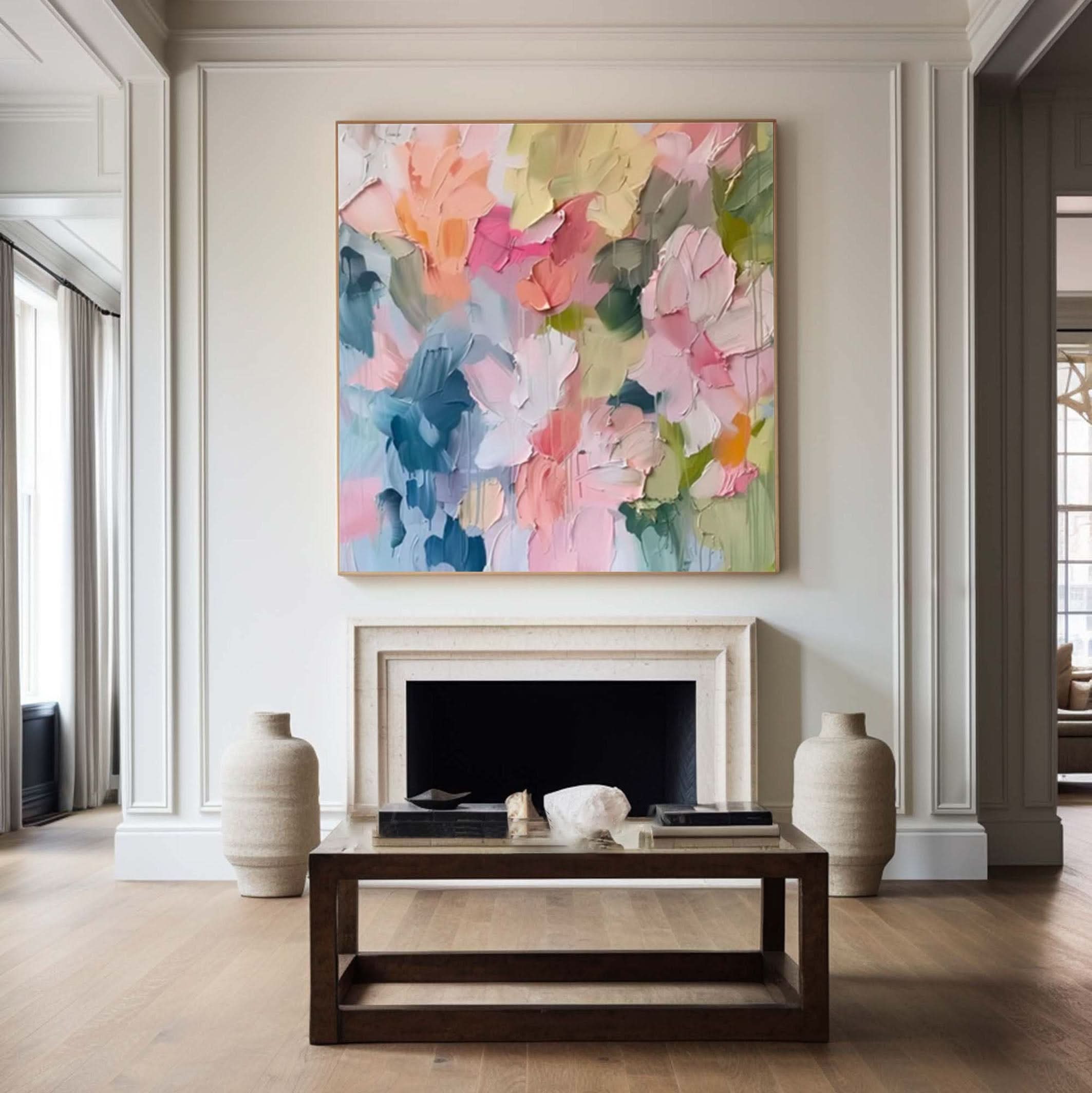 Blossoming Pink Peonies Canvas Art Impressionist Floral Wall Decor #FT 028