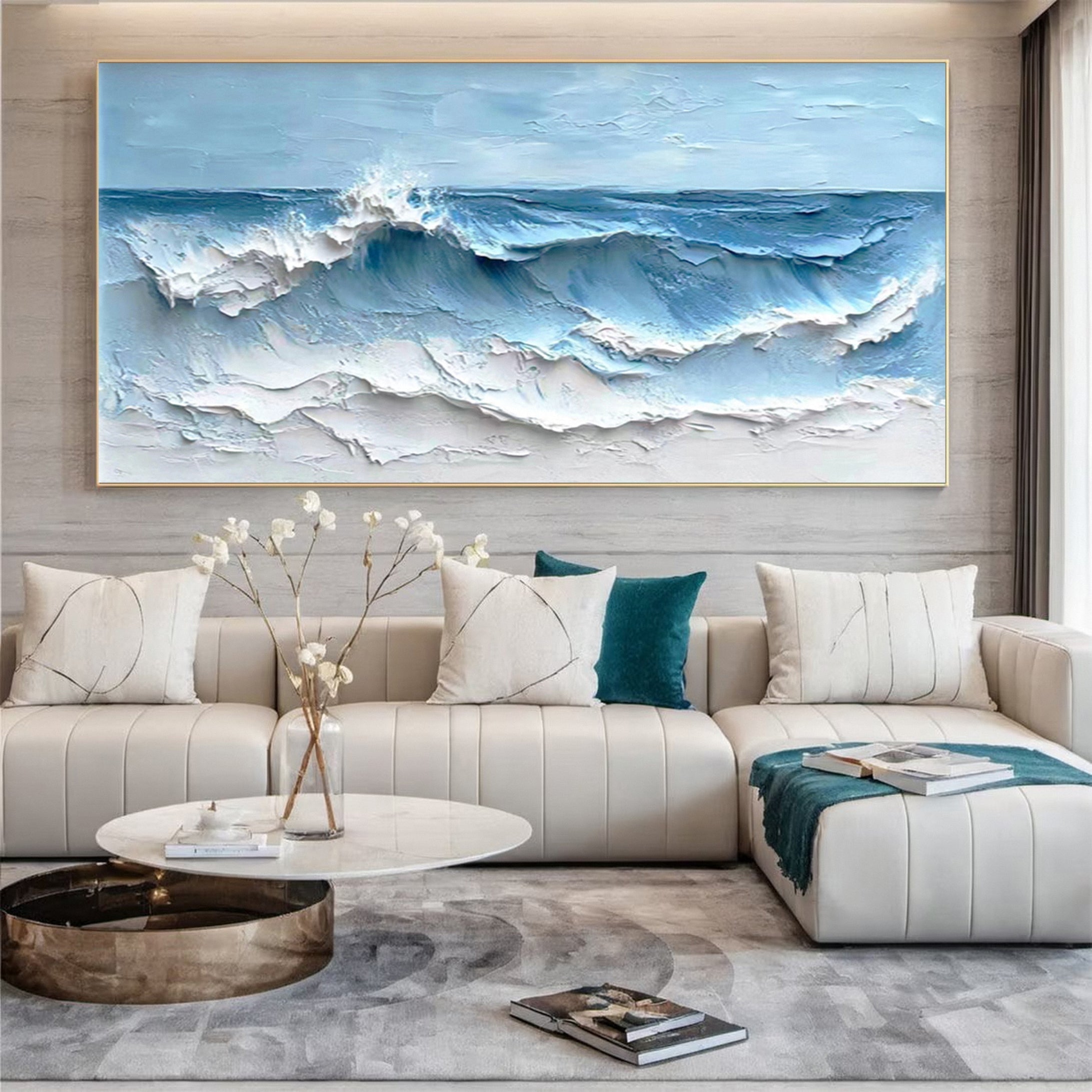 Coastal Serenity Textured Ocean Waves Oil Painting for Living Room #OP 002