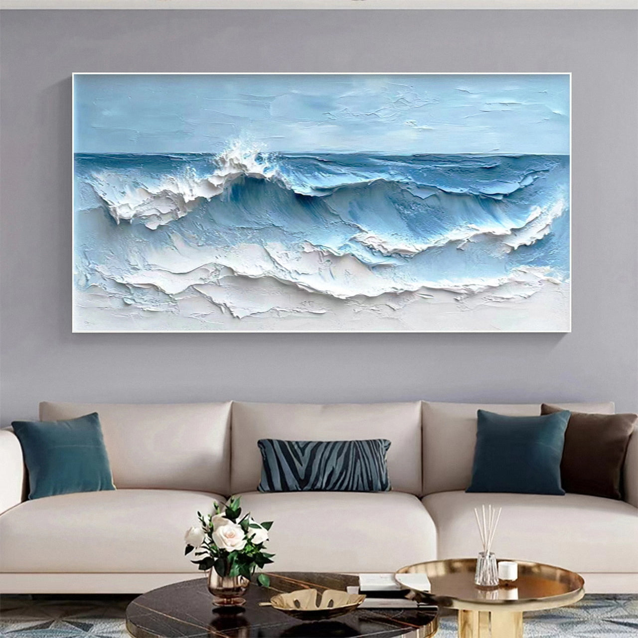 Coastal Serenity Textured Ocean Waves Oil Painting for Living Room #OP 002