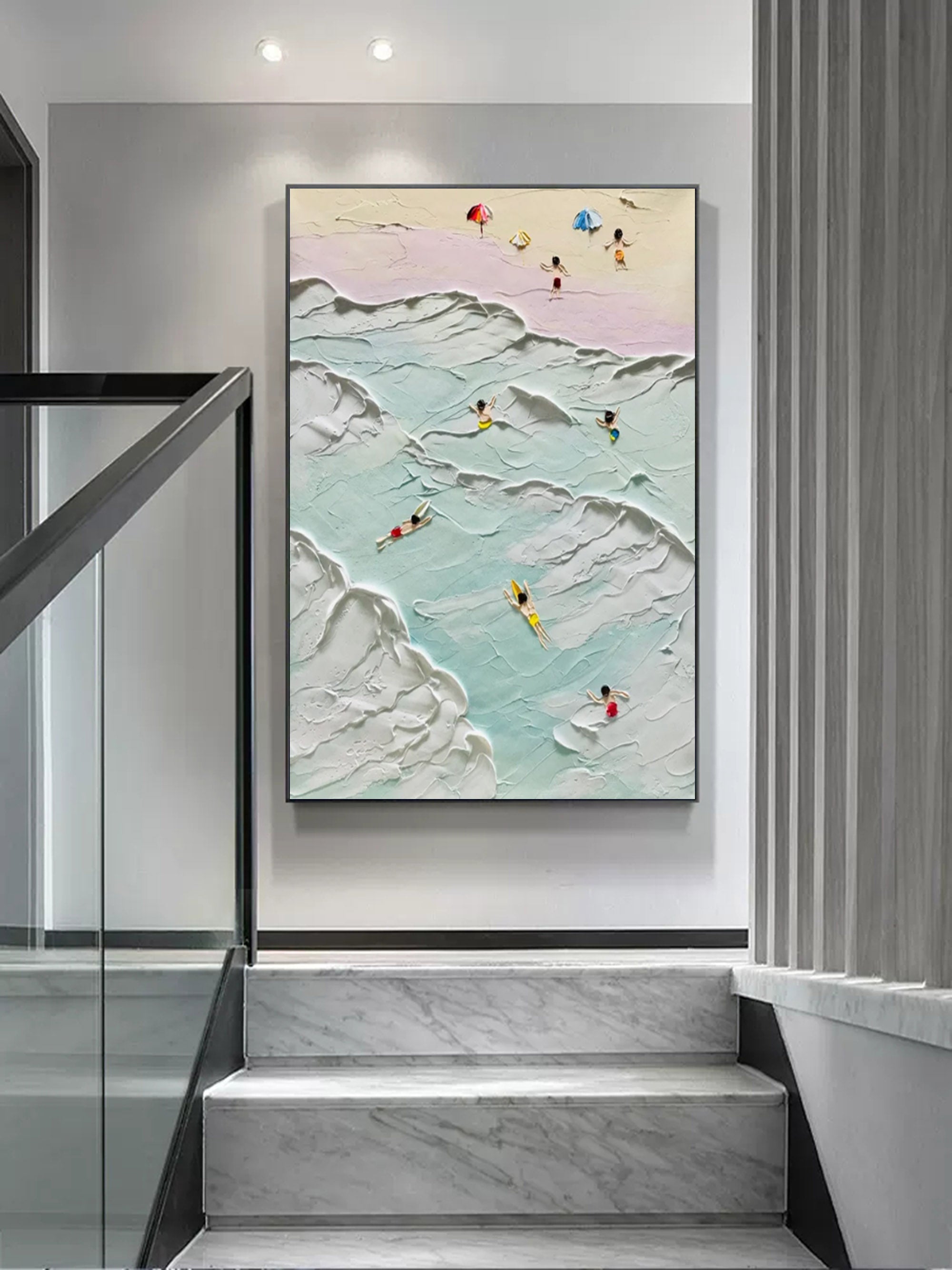 Sea Swim Canvas Painting Sea Swim Texture Wall Art 3D Plaster Art Sea Landscape Art swimming painting