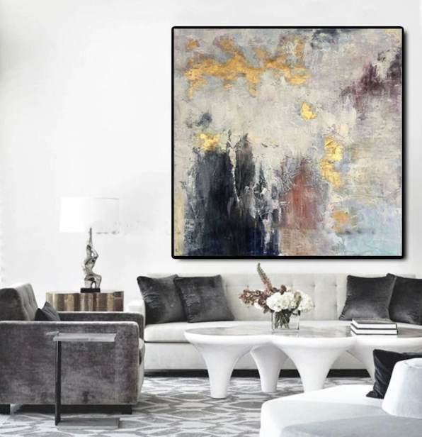 Nebula-Abstract Space Painting with Metallic Gold for Modern Interiors