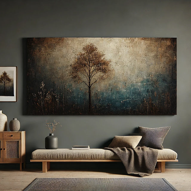 Ethereal Solitude-Textured Abstract Tree Landscape Horizontal Canvas Wall Art: Warm Brown & Teal Toned for Modern Bedroom/Living Room Decor