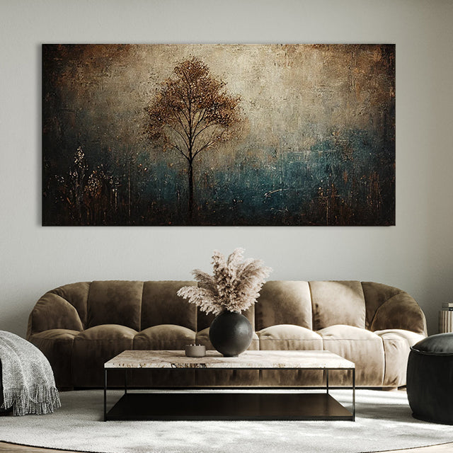 Ethereal Solitude-Textured Abstract Tree Landscape Horizontal Canvas Wall Art: Warm Brown & Teal Toned for Modern Bedroom/Living Room Decor