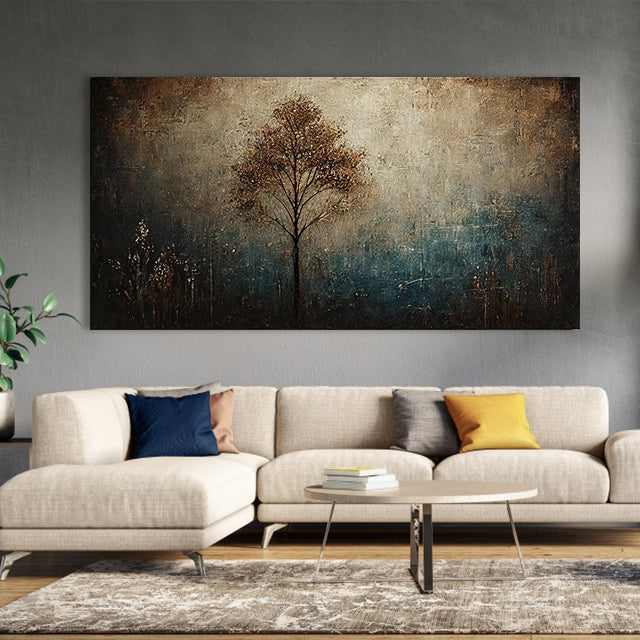 Ethereal Solitude-Textured Abstract Tree Landscape Horizontal Canvas Wall Art: Warm Brown & Teal Toned for Modern Bedroom/Living Room Decor