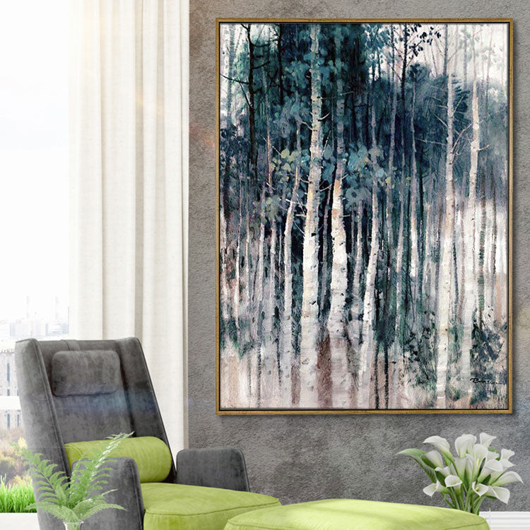 Handmade Blue Grey Tree Abstract Canvas Wall Art Natural Scenery Oil Painting