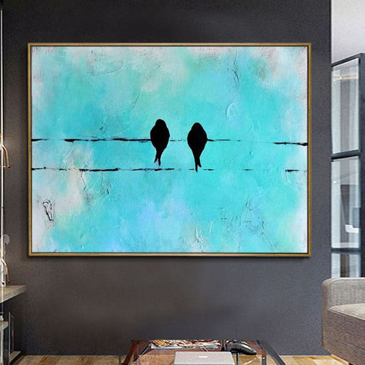 Loving Together - Hand Painted Bird Oil Painting Teal Modern Animal Wall Art