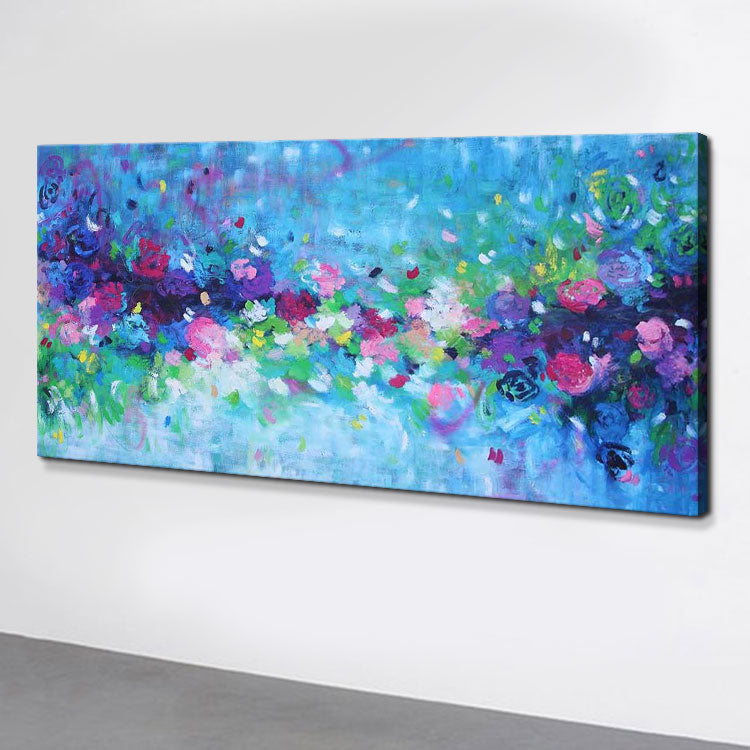Extra Large Abstract Oil Painting Living Room Blue Painting Green Painting White Art Canvas | Fallen flowers