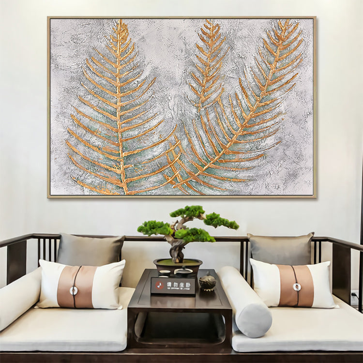 Leaf Venation Diagram- Hand Painting Plant Canvas Wall Art Gold Botanical Oil Painting